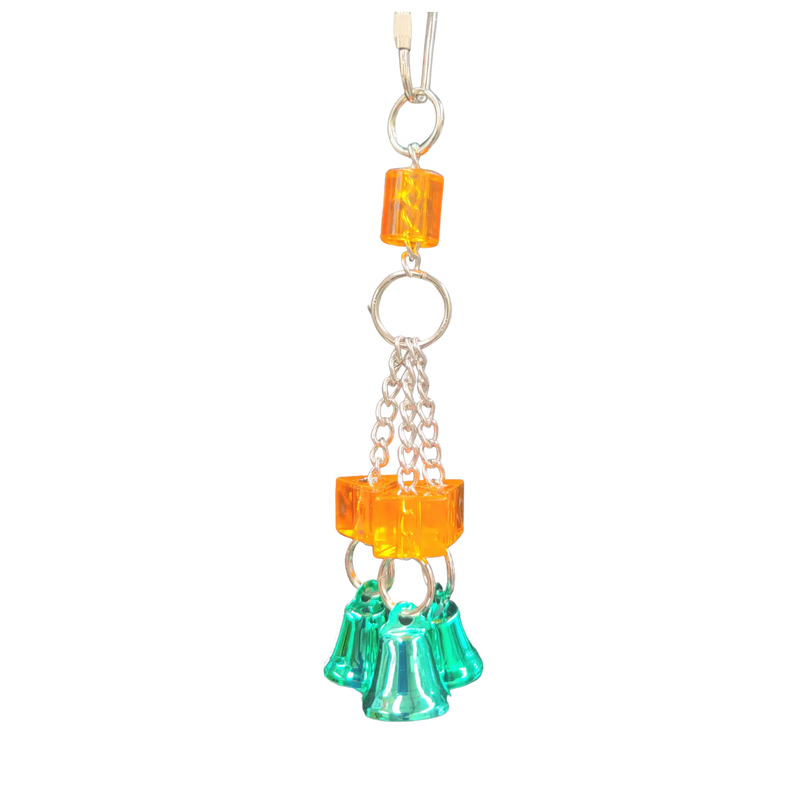 This cute little bird toy hand made by Lou Lou Bells Bird Toys has 3 coloured bells on 3 nickle plated chains with 4 beads hanging from a nickle plated quick link. Great little toy for budgies, lovebirds, cockatiels and the smaller conures Expertly crafted with utmost care, this Lou Lou Bells Bird Toys product features 3 vibrantly-coloured bells and 4 dainty beads hanging from a sturdy nickel plated quick link. 