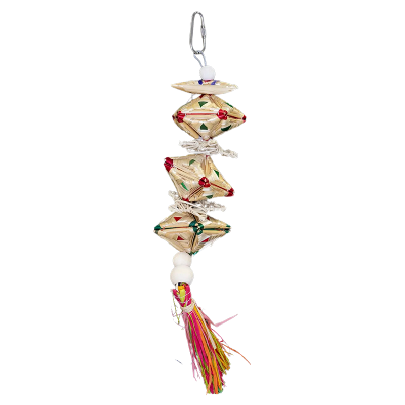 Three small cane pinatas bird toy with a tassel. A small compact chewable bird toy suitable for the smaller birds.